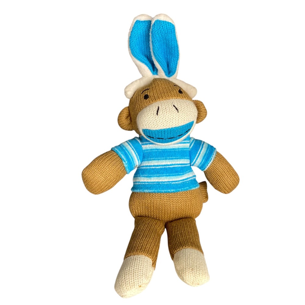 Dan Dee Sock Monkey Plush Blue Bunny Ears‎ Striped Shirt Easter Stuffed Animal